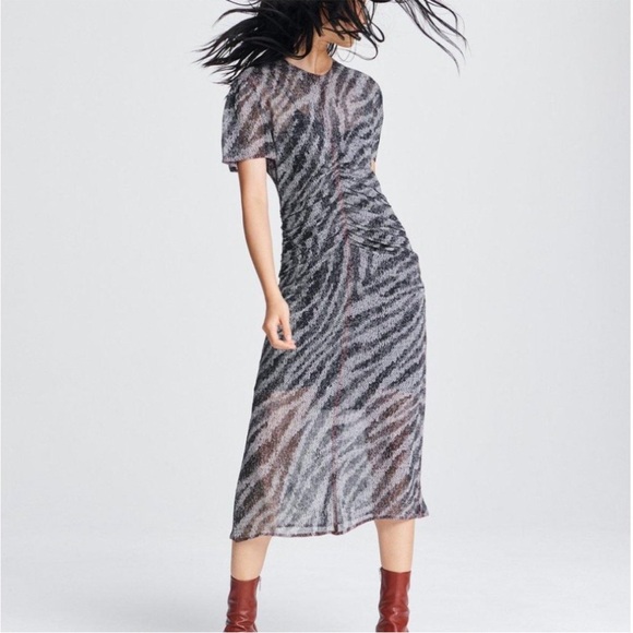 rag & bone Maris ruched chiffon midi dress zebra print 0